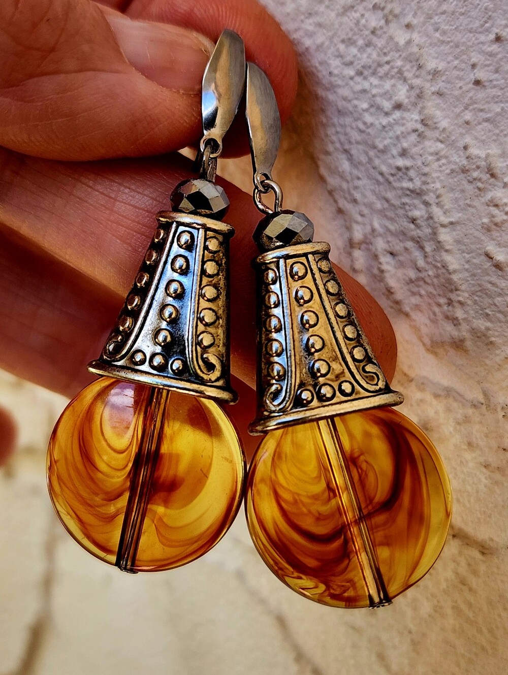 ❤️ Hypoallergenic Earrings Amber Tone Resin Beads Stainless Hooks Boho Jewelry